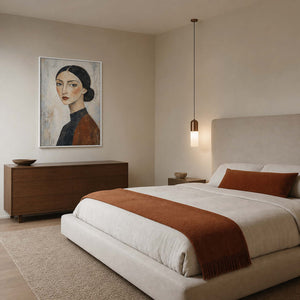 Modern Portrait Wall Art displayed in a refined bedroom.