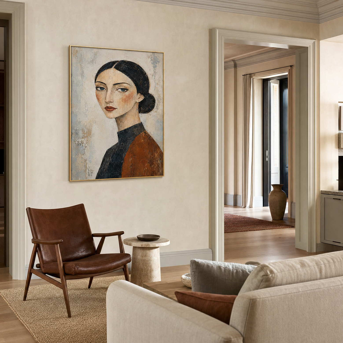 Modern Portrait Wall Art displayed in a refined living room.