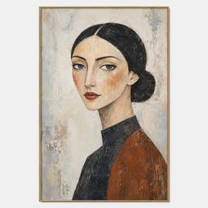 Hand-painted modern portrait wall art in neutral, warm tones, and black.