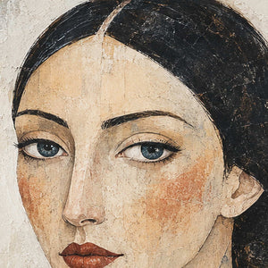 Close-up of raised hand-painted texture in neutral, warm tones, and black.
