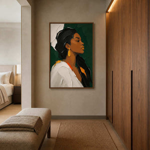 Elegant profile artwork styled in a walnut bedroom entry.