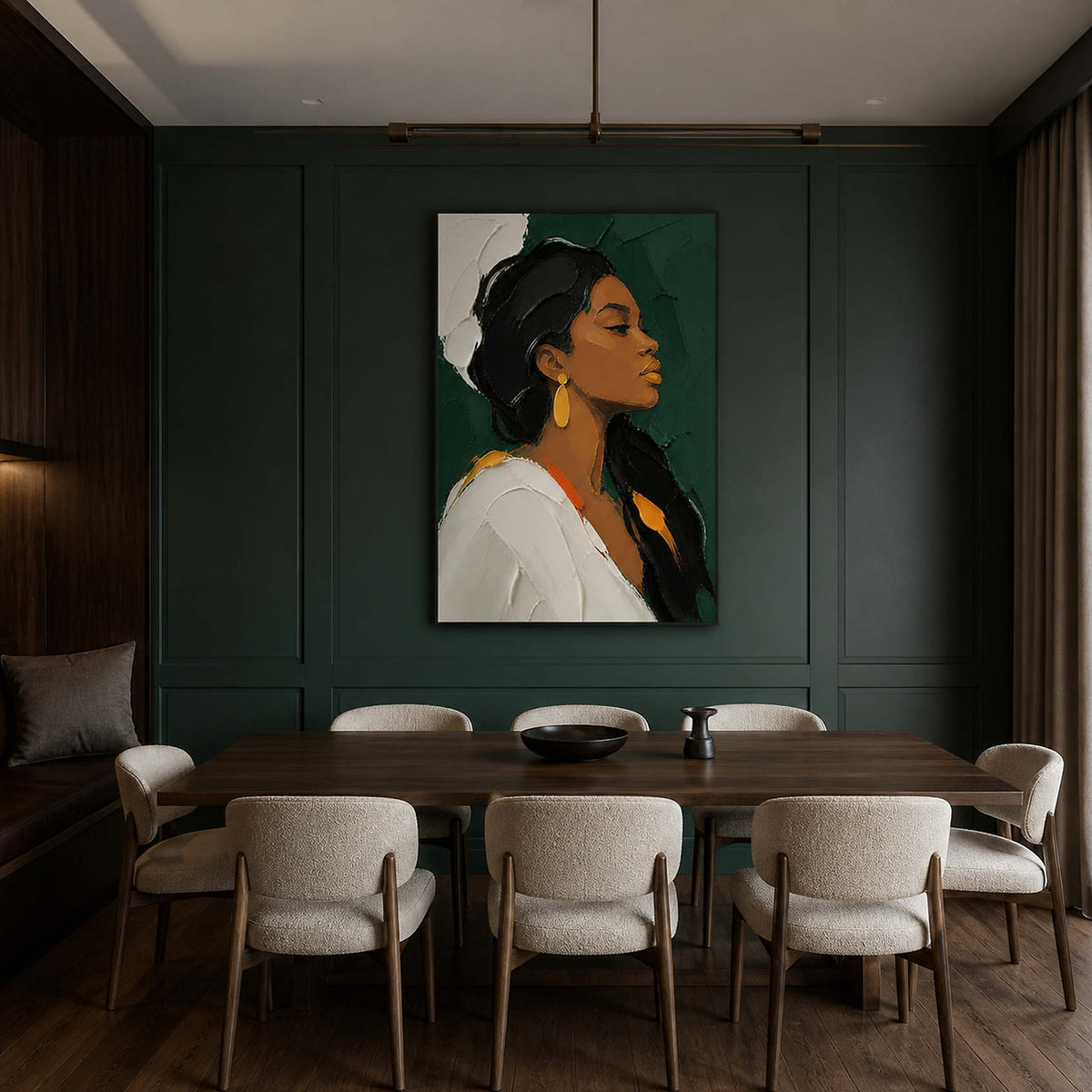 Emerald textured portrait wall art in a dark refined dining room.