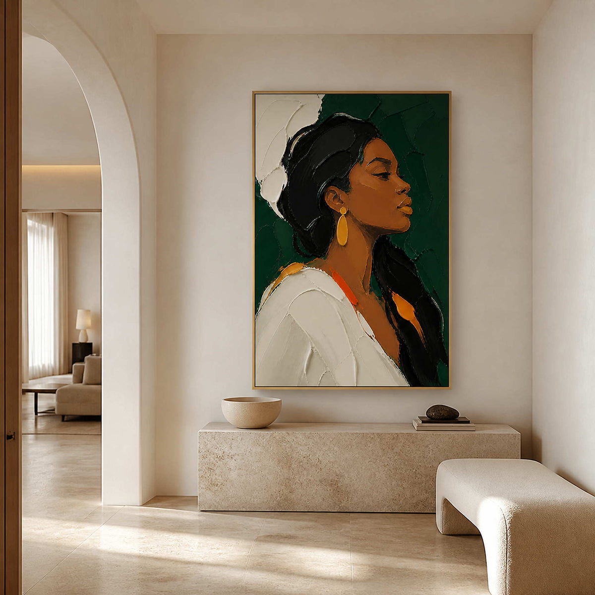 Modern emerald portrait painting in a softly lit cream entryway.