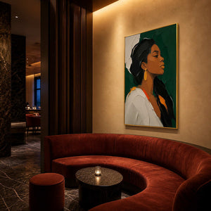 Emerald portrait wall art in a moody boutique hotel lounge.