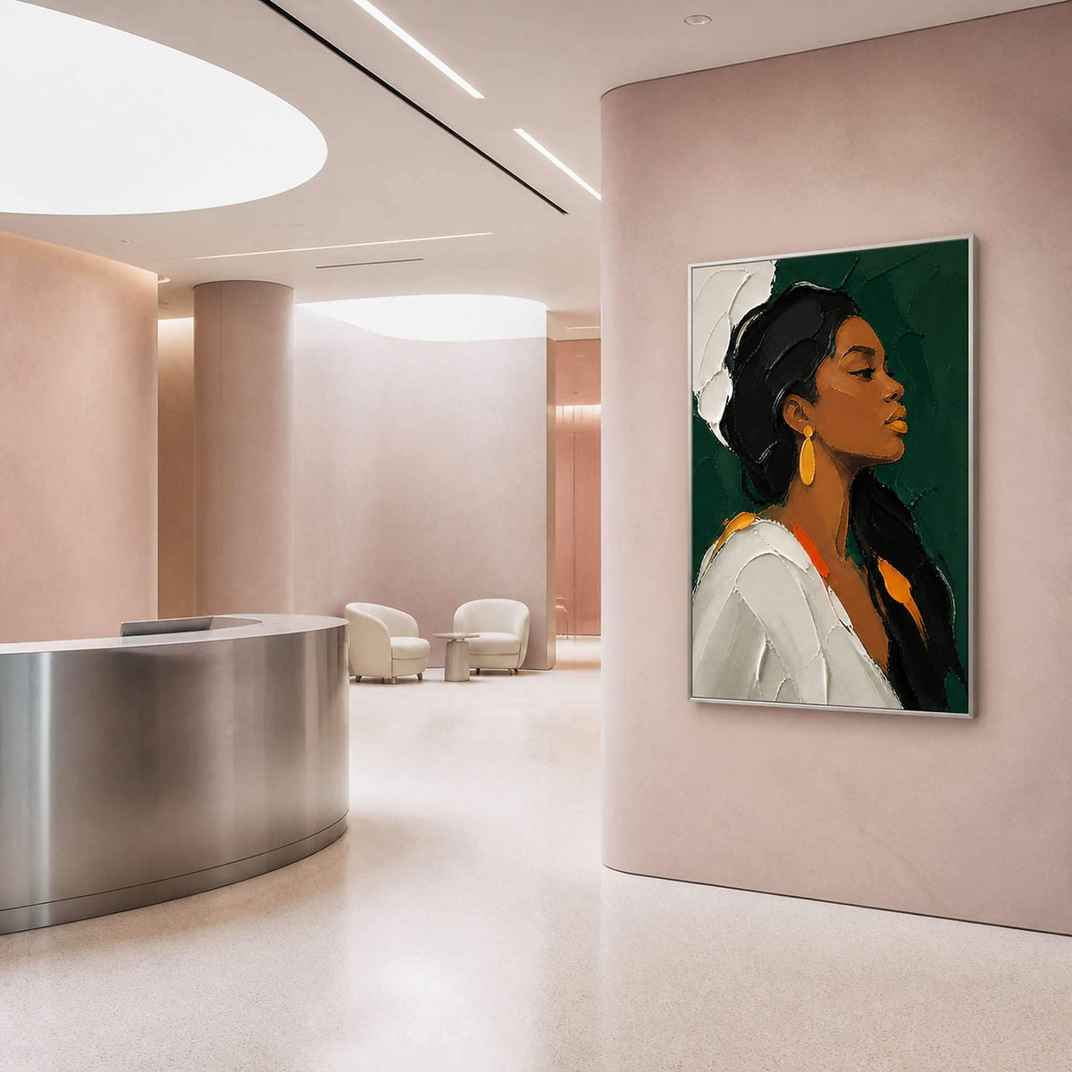 Modern female portrait displayed in a pale pink reception space.