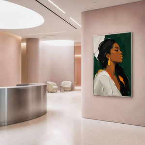 Modern female portrait displayed in a pale pink reception space.
