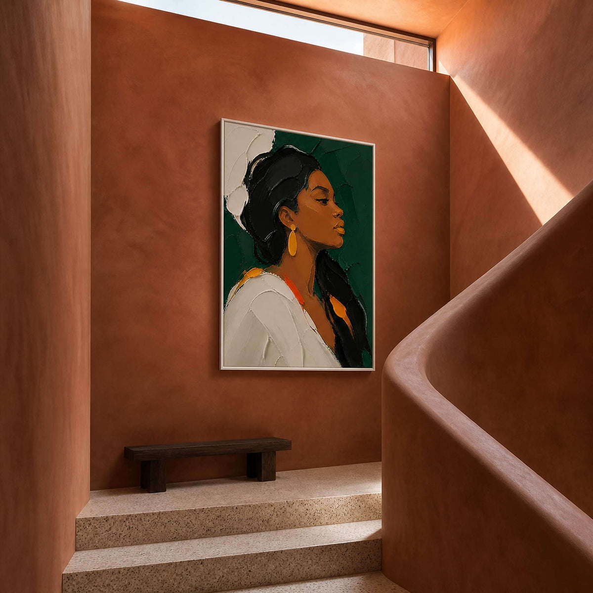 Textured profile portrait displayed in a warm terracotta stair hall.