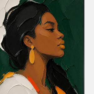Close-up of sculptural black hair, warm skin, and raised paint texture.