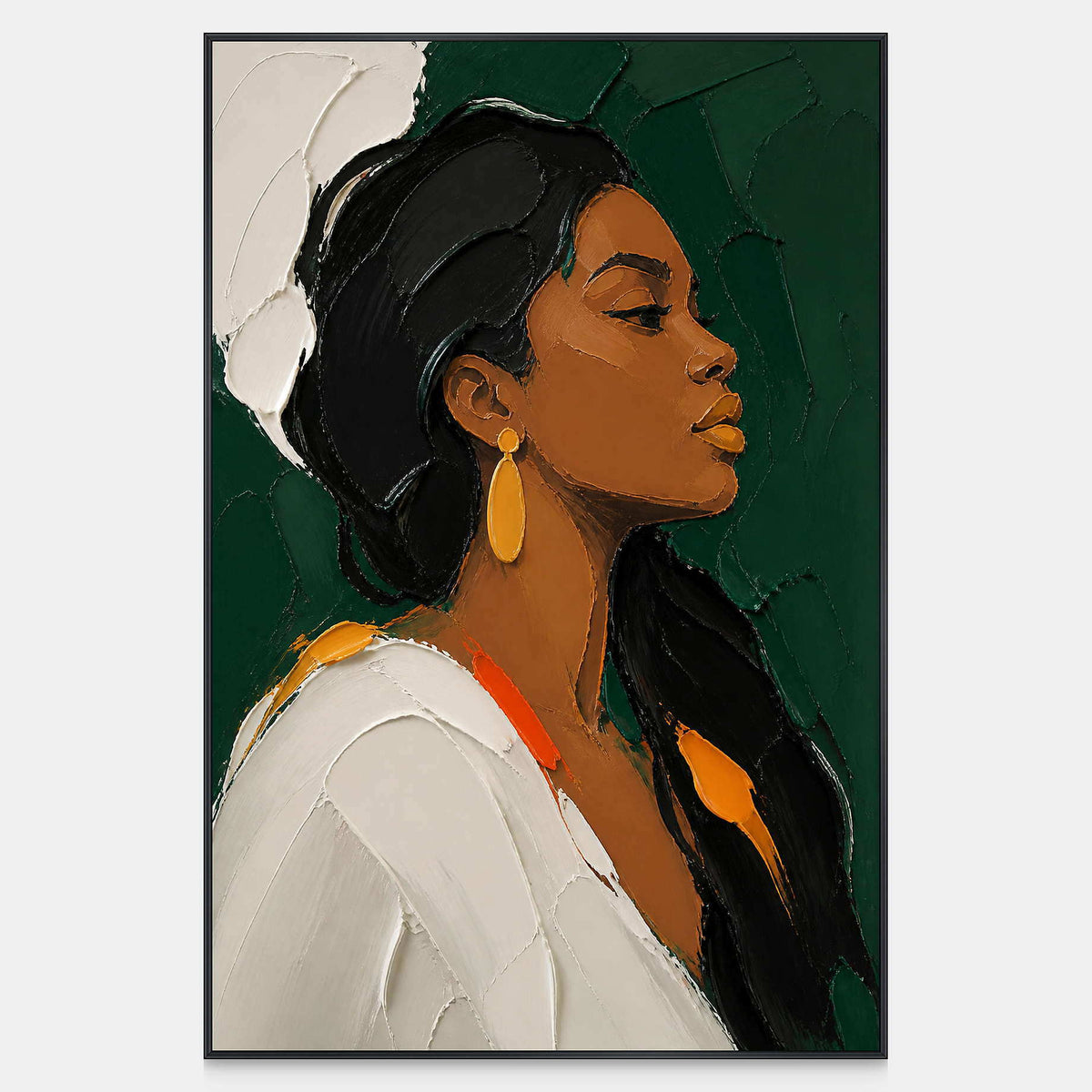 Hand-painted profile portrait with emerald green, black, white, and gold.