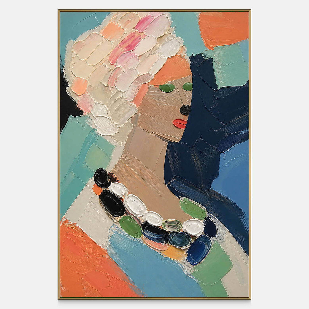 Hand-painted female portrait in coral, aqua, navy, and soft neutrals.