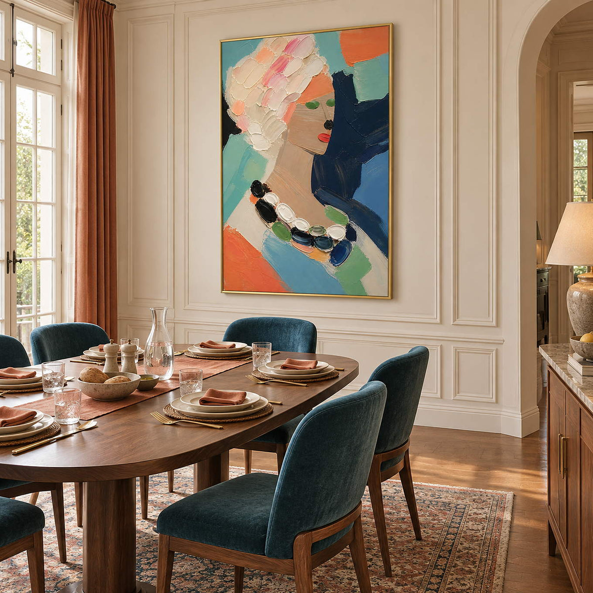 Colorful portrait painting of a woman with textured pale hair and a beaded necklace in a gold frame in a dining room.