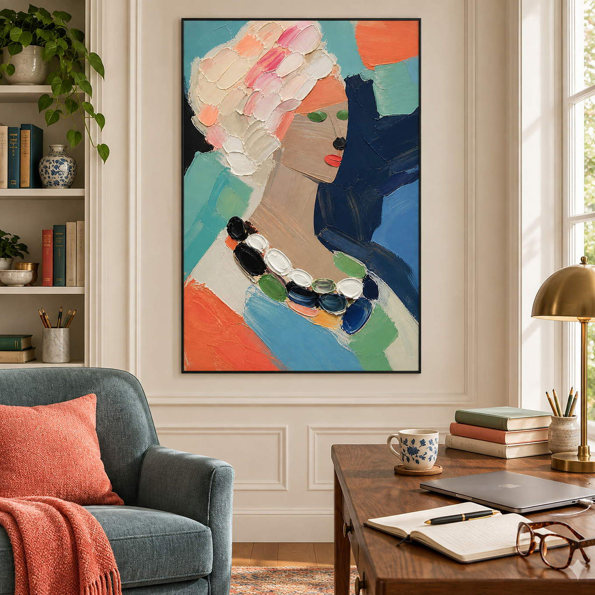 Colorful portrait painting of a woman with textured pale hair and a beaded necklace in a black frame in a reading room.