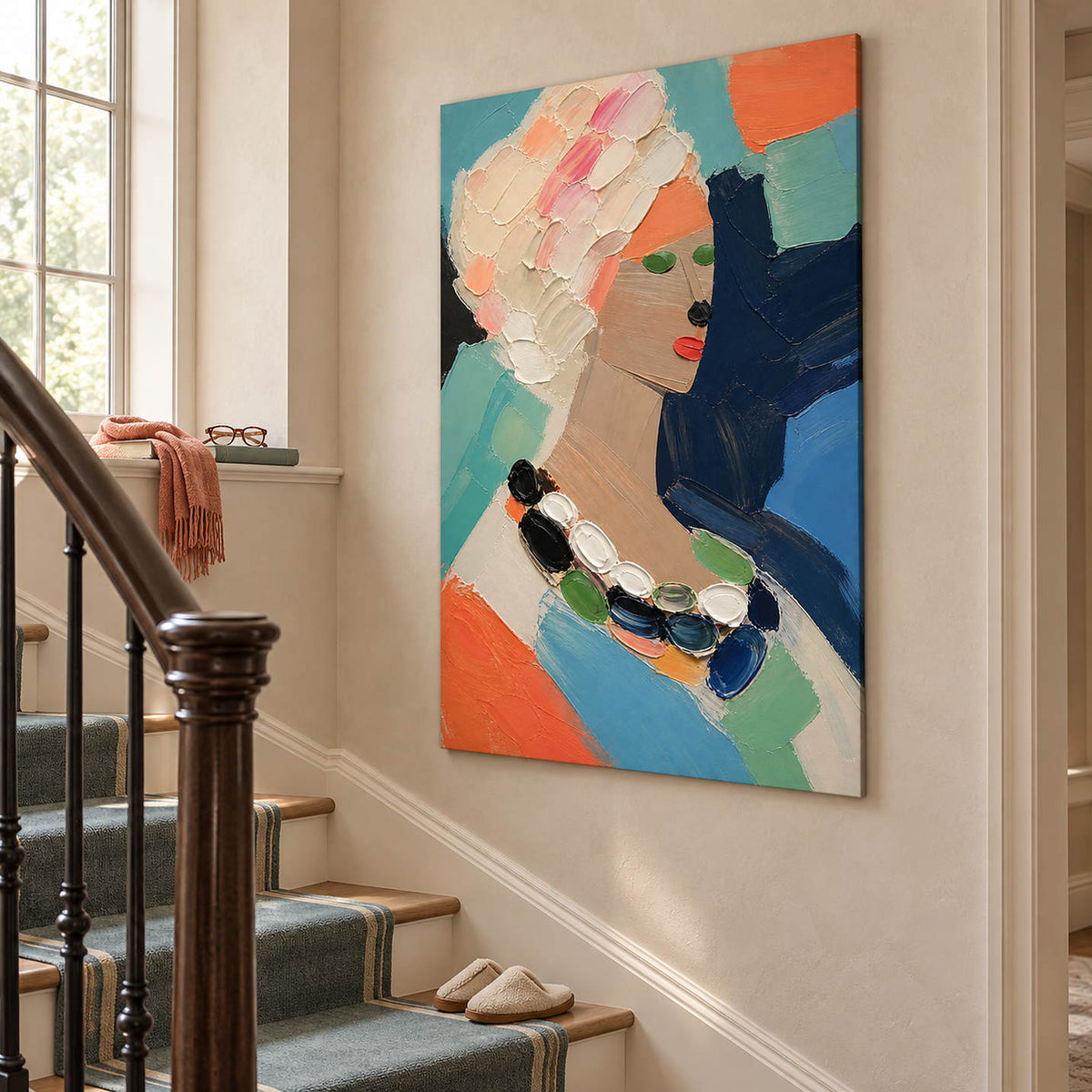 Colorful portrait painting of a woman with textured pale hair and a beaded necklace without an outer frame on a stair landing.