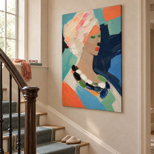 Colorful portrait painting of a woman with textured pale hair and a beaded necklace without an outer frame on a stair landing.