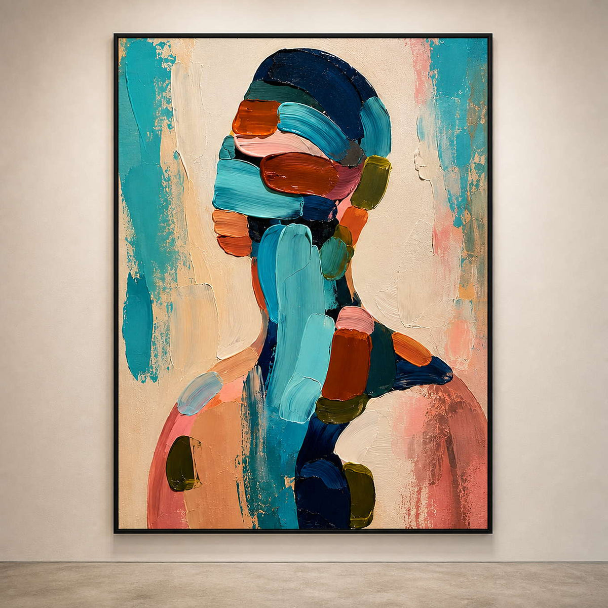 Expressive figurative artwork viewed in a contemporary gallery.