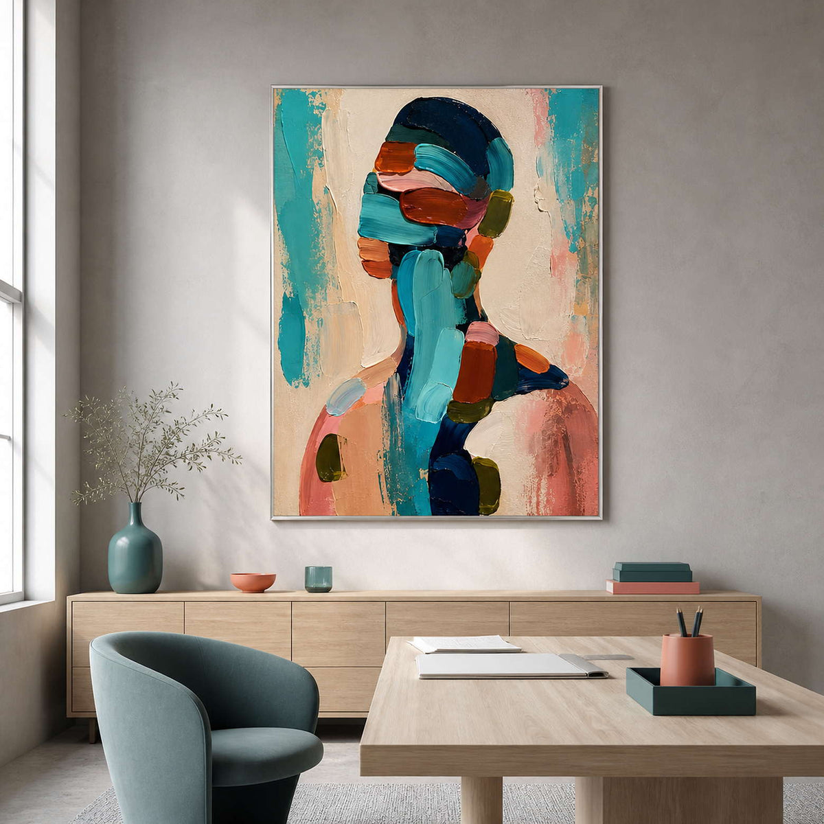 Modern textured portrait displayed in a light-filled creative studio.
