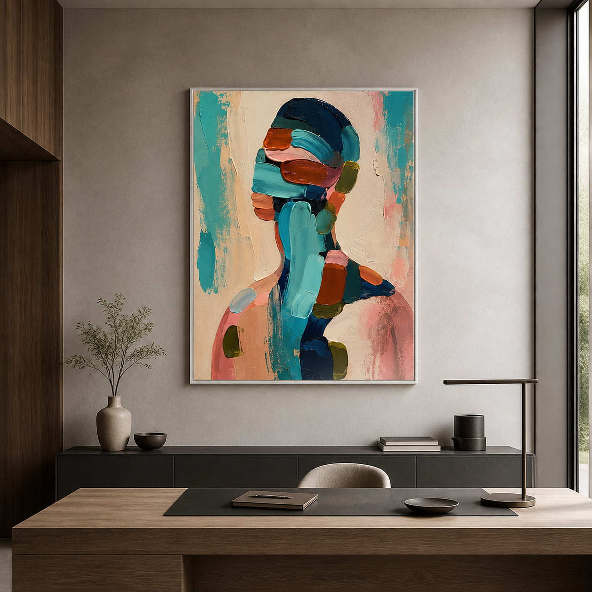 Colorful modern portrait displayed in an executive office.
