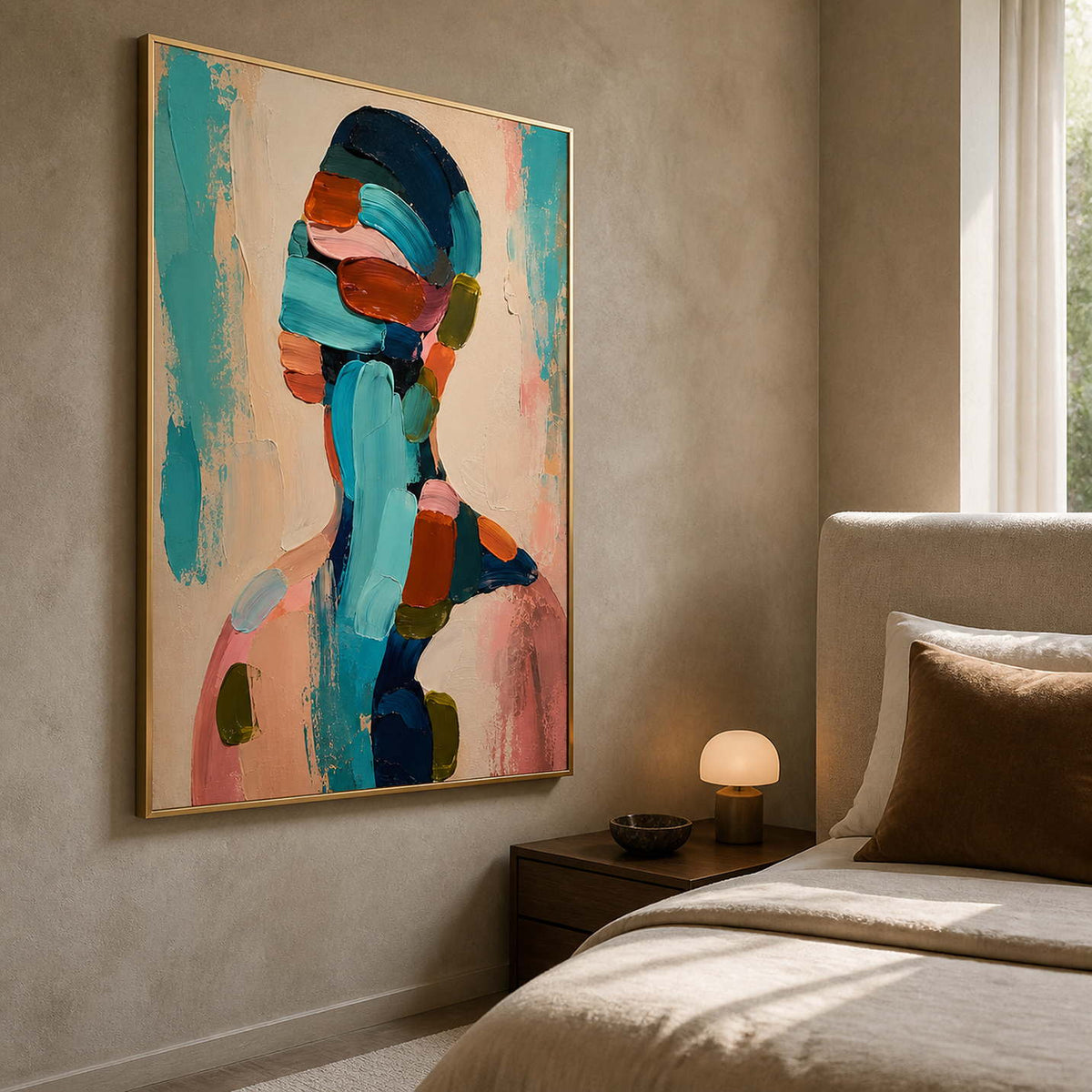 Textured profile portrait displayed beside a luxury bedroom.