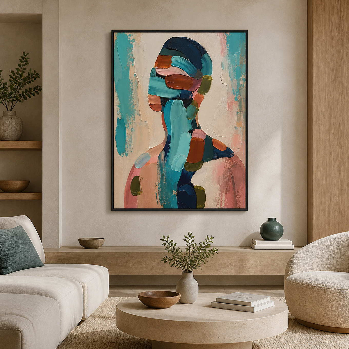 Textured figurative wall art displayed in a calm modern living room.