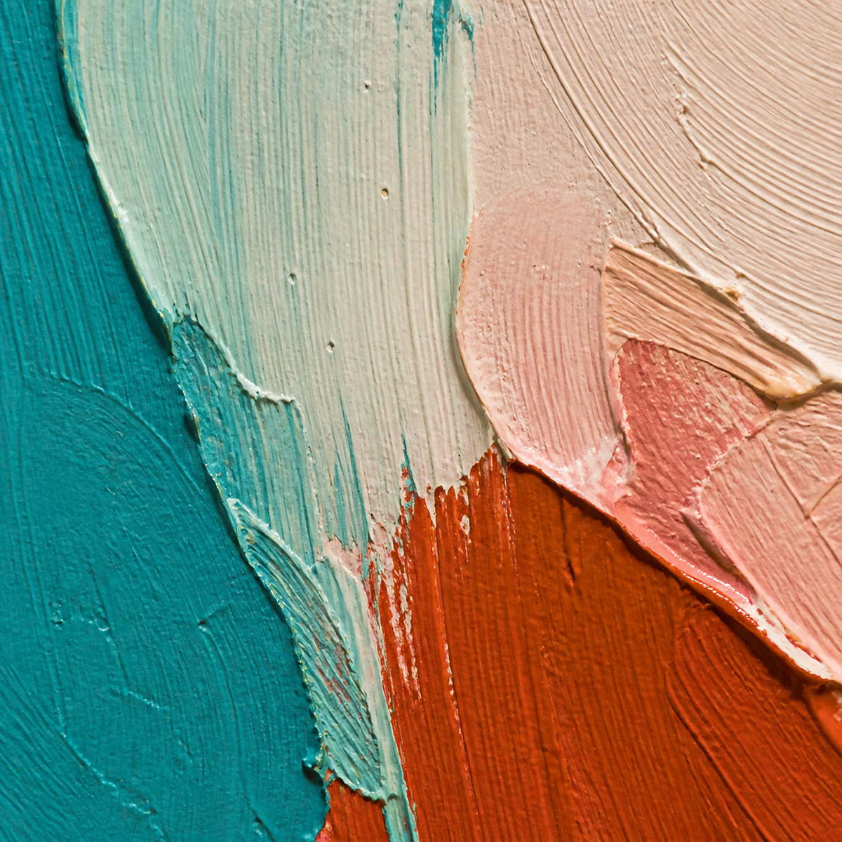 Close-up of raised turquoise, blush, ivory, and rust palette-knife texture.