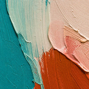 Close-up of raised turquoise, blush, ivory, and rust palette-knife texture.
