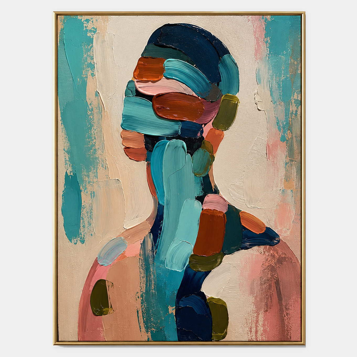 Textured profile portrait in turquoise, blush, navy, rust, and olive.