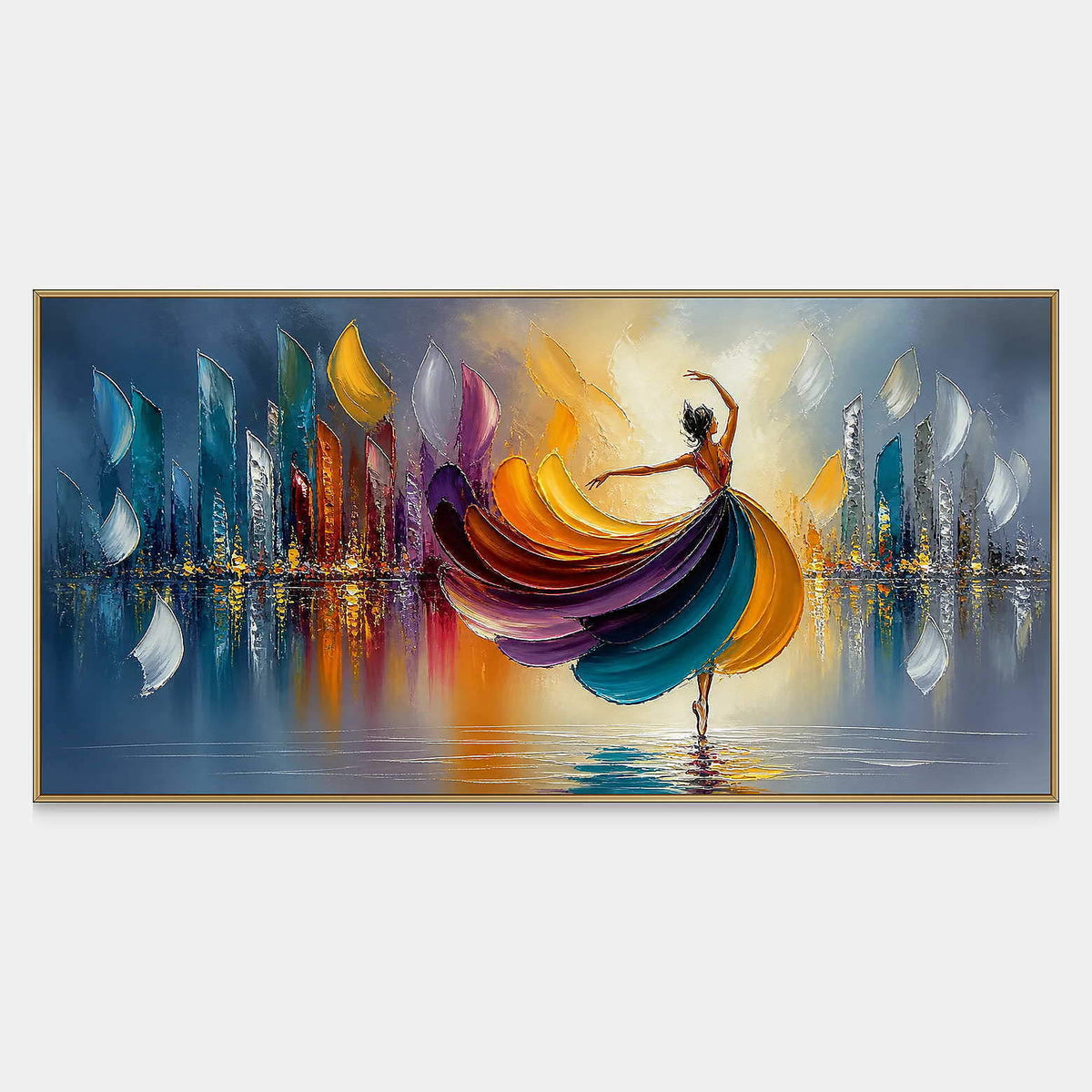 Hand-painted dancer canvas with a jewel-tone dress and city lights.