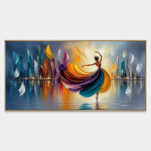 Hand-painted dancer canvas with a jewel-tone dress and city lights.