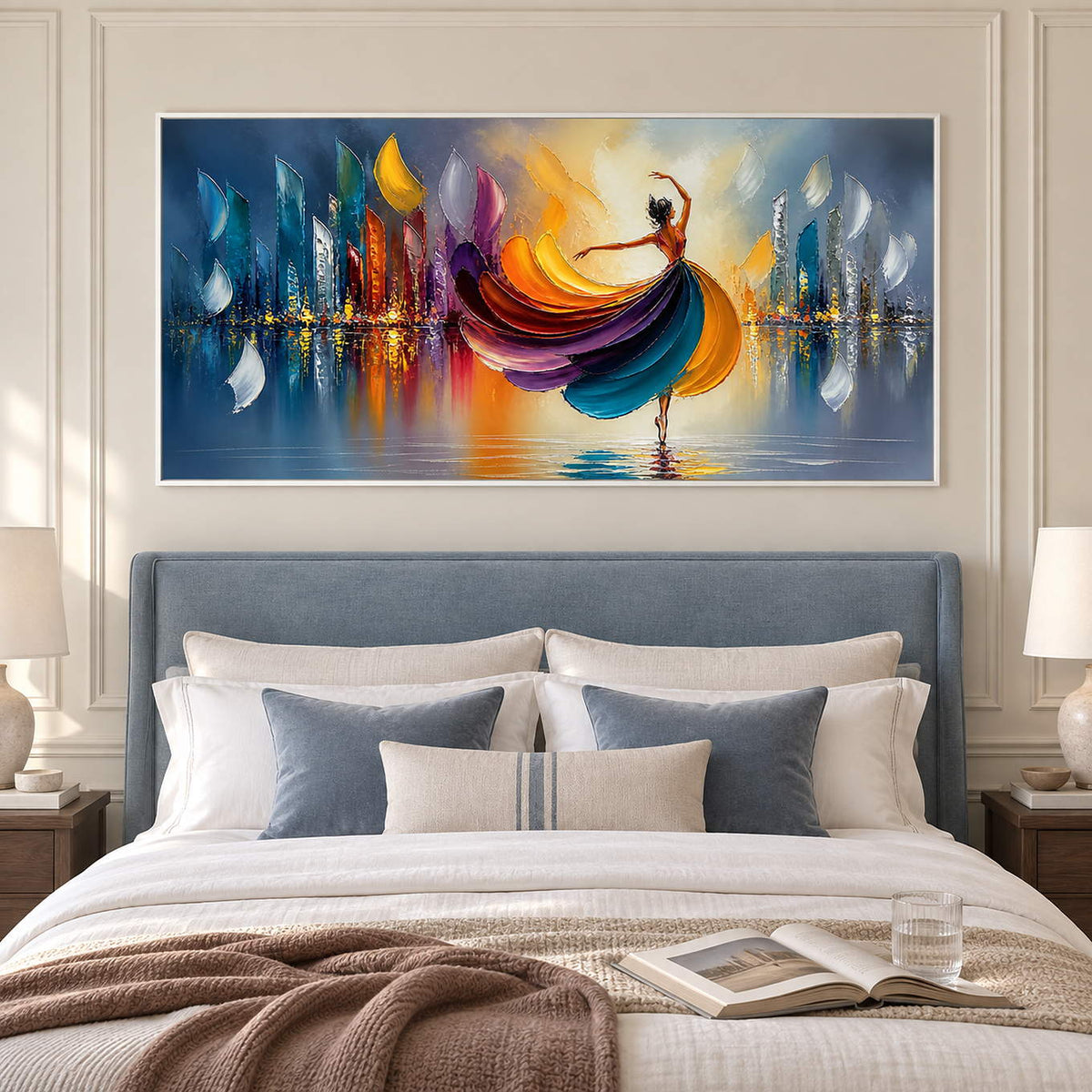 Painting of a dancer in a jewel-tone dress above colorful reflections in a white frame in a bedroom.