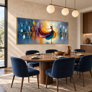 Painting of a dancer in a jewel-tone dress above colorful reflections in a gold frame in a dining room.