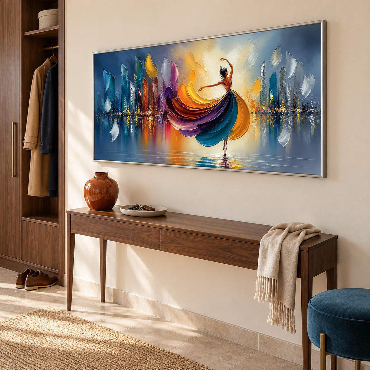 Painting of a dancer in a jewel-tone dress above colorful reflections in a silver frame in an entryway.