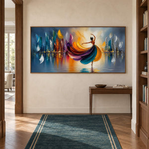 Painting of a dancer in a jewel-tone dress above colorful reflections in a brown wood frame in a hallway.