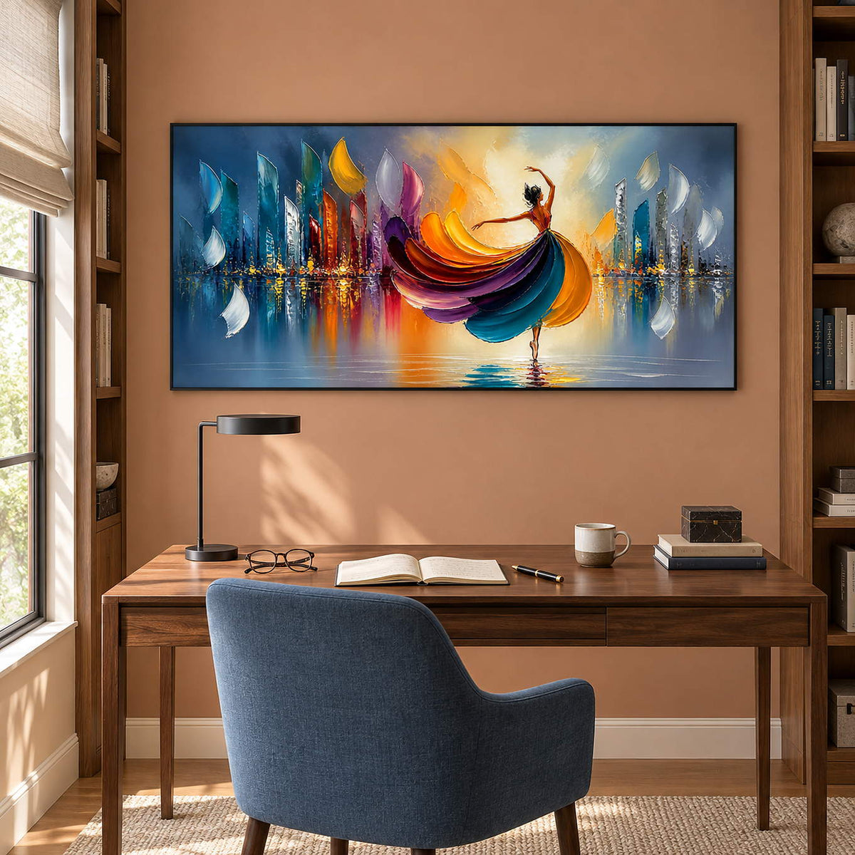 Painting of a dancer in a jewel-tone dress above colorful reflections in a black frame in a home office.