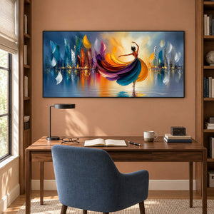 Painting of a dancer in a jewel-tone dress above colorful reflections in a black frame in a home office.