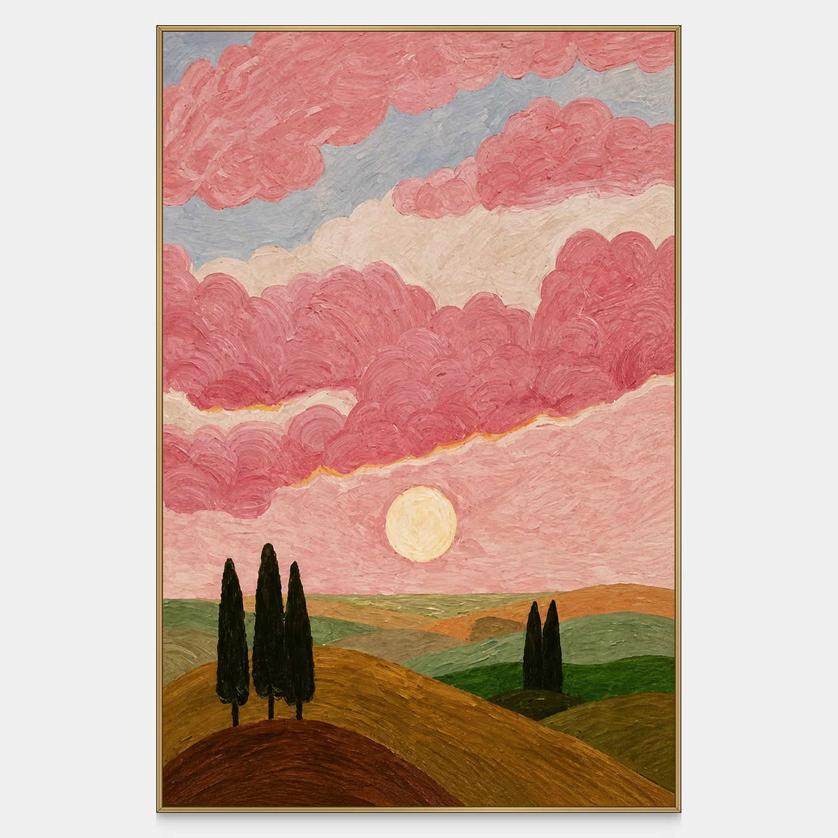 Vertical landscape painting with pink clouds, a pale sun, rolling hills, and slender trees.