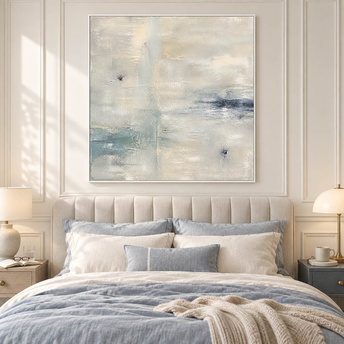 Square neutral abstract painting with ivory, pale aqua, and blue-gray marks in a white frame in a bedroom.