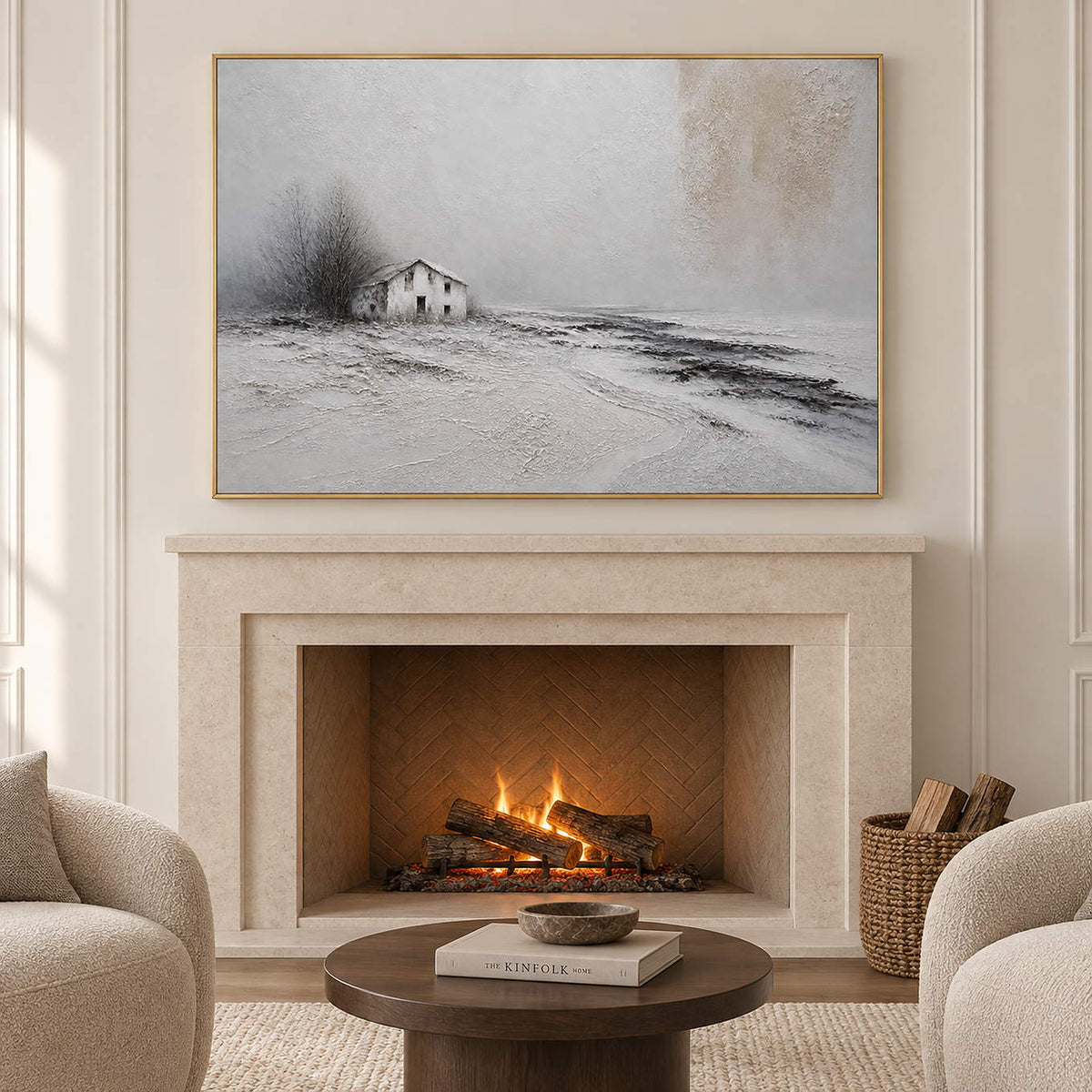 Winter landscape painting with a small house and dark trees beyond a snowy field in a gold frame in a seating area beside a fireplace.
