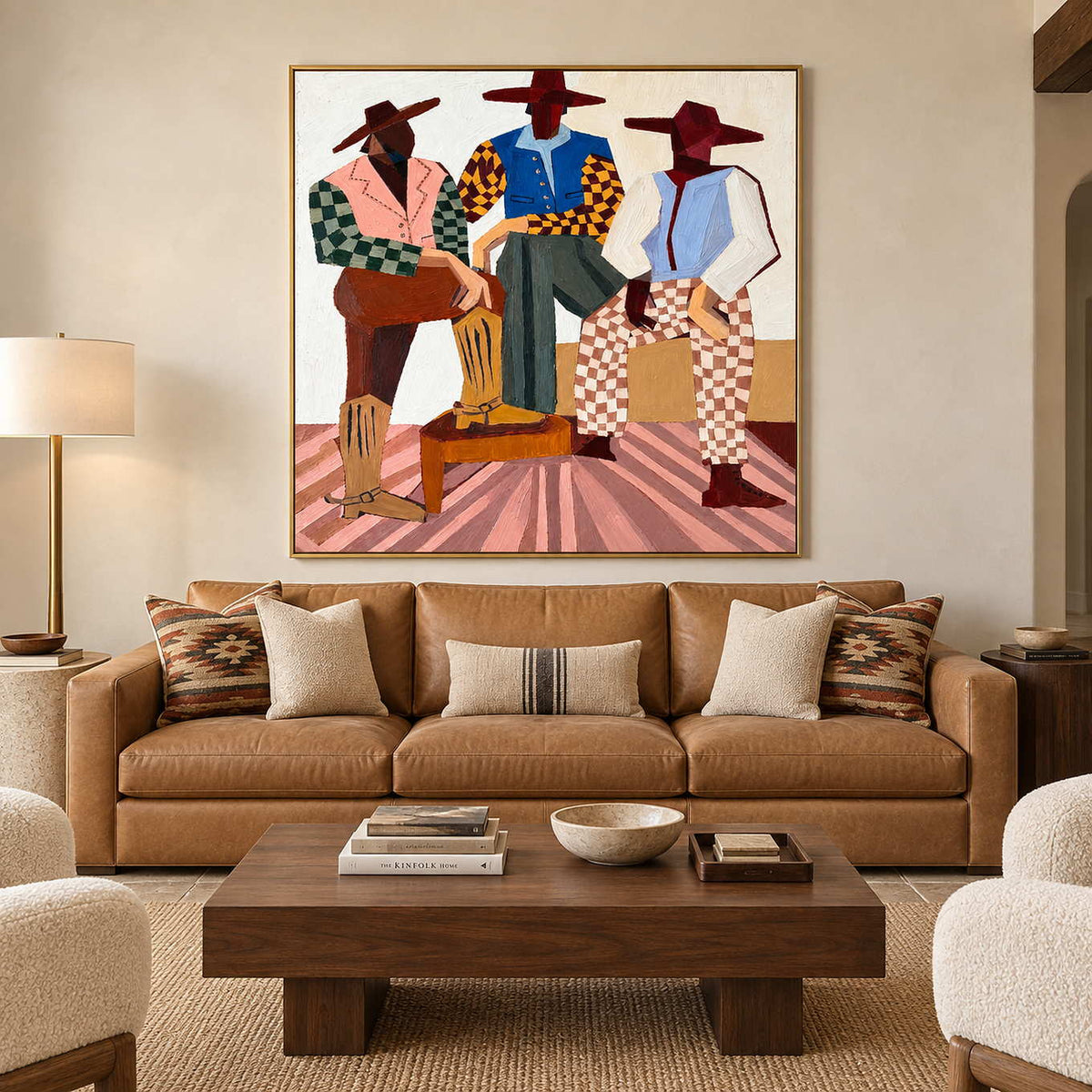 Three-figure artwork above a tan leather sofa with striped and patterned cushions.