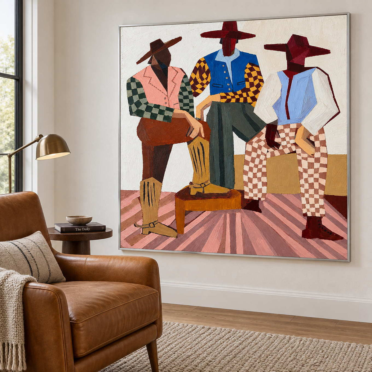 Angled view of the checked-clothing figures beside a brown leather reading chair.