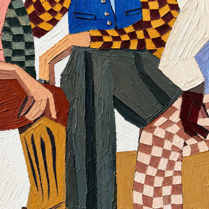 Detail of checked sleeves, blue waistcoat, angular hands, dark green trousers, and a golden boot.