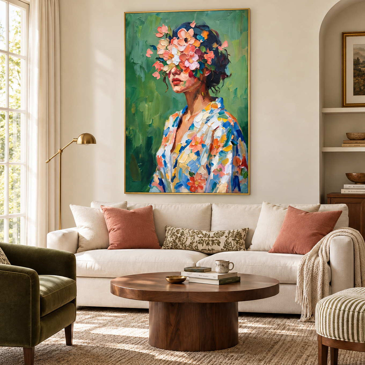 Floral portrait above a cream sofa with pink cushions and green seating.