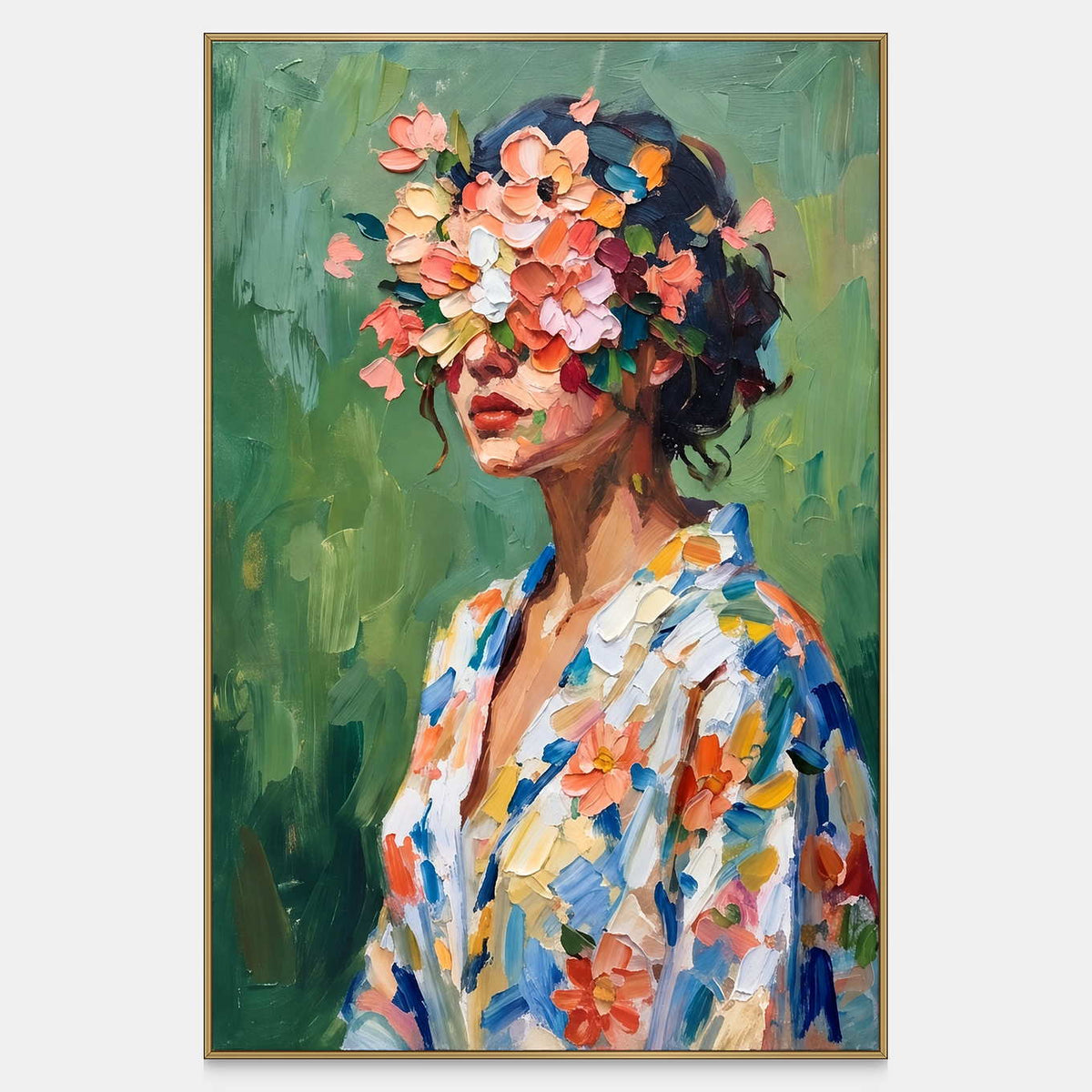 Vertical portrait with colorful flowers across the eyes, dark hair, red lips, a patterned shirt, and a green background.