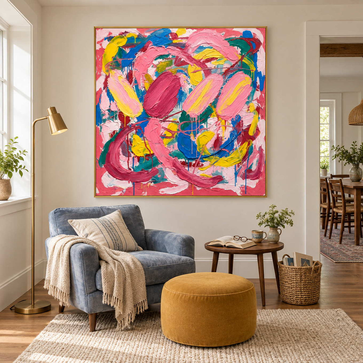 In Full Swing in a gold frame above a blue armchair and mustard footstool in a sunny reading nook.