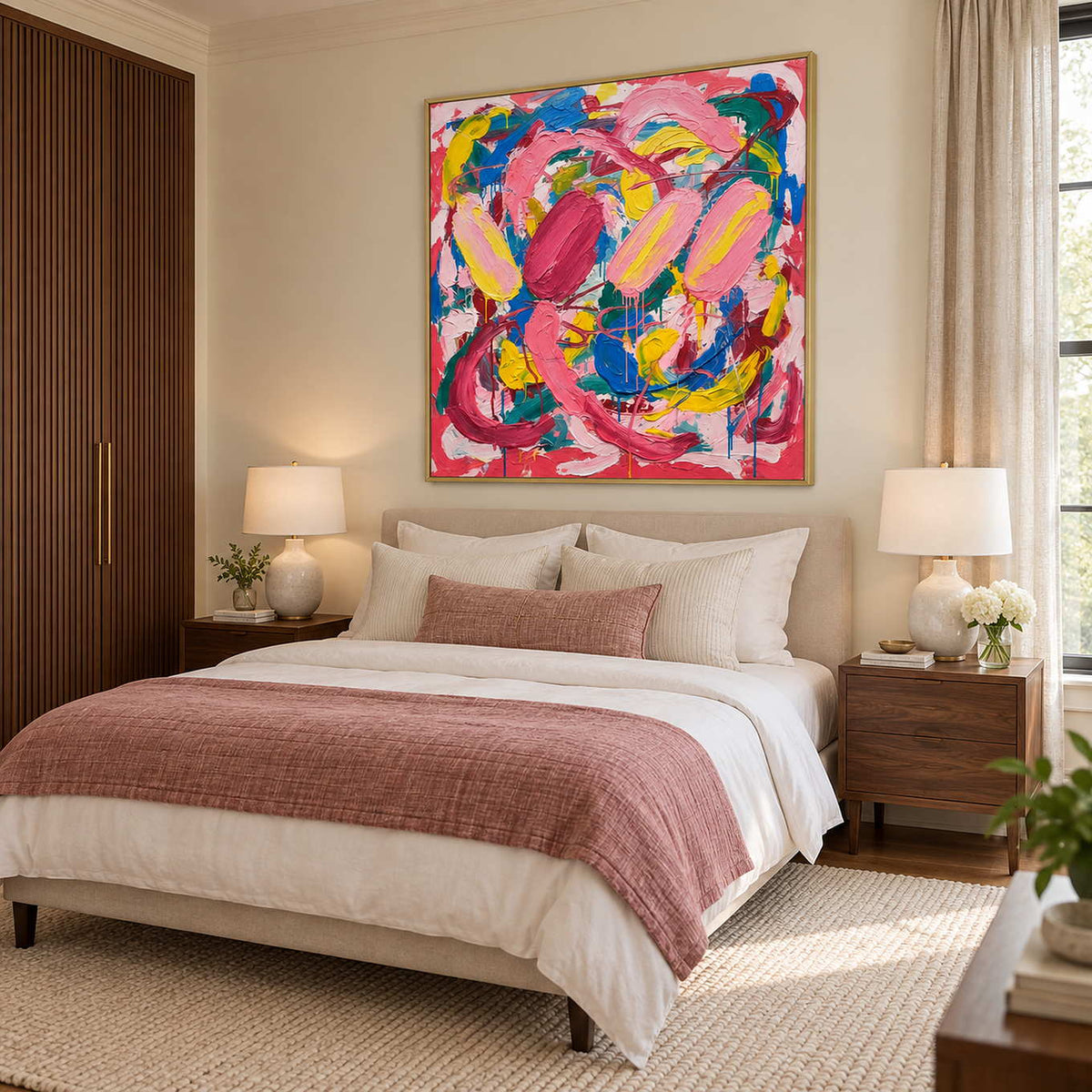 In Full Swing in a gold frame above a neutral bed with a dusty pink throw and paired bedside lamps.