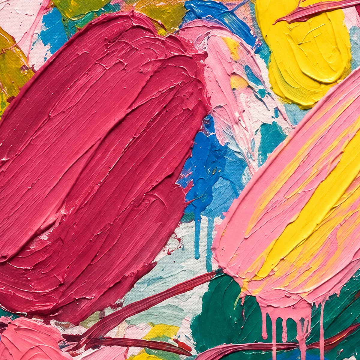 Close-up of In Full Swing showing raised magenta, pink and yellow paint strokes with blue patches and trailing drips.
