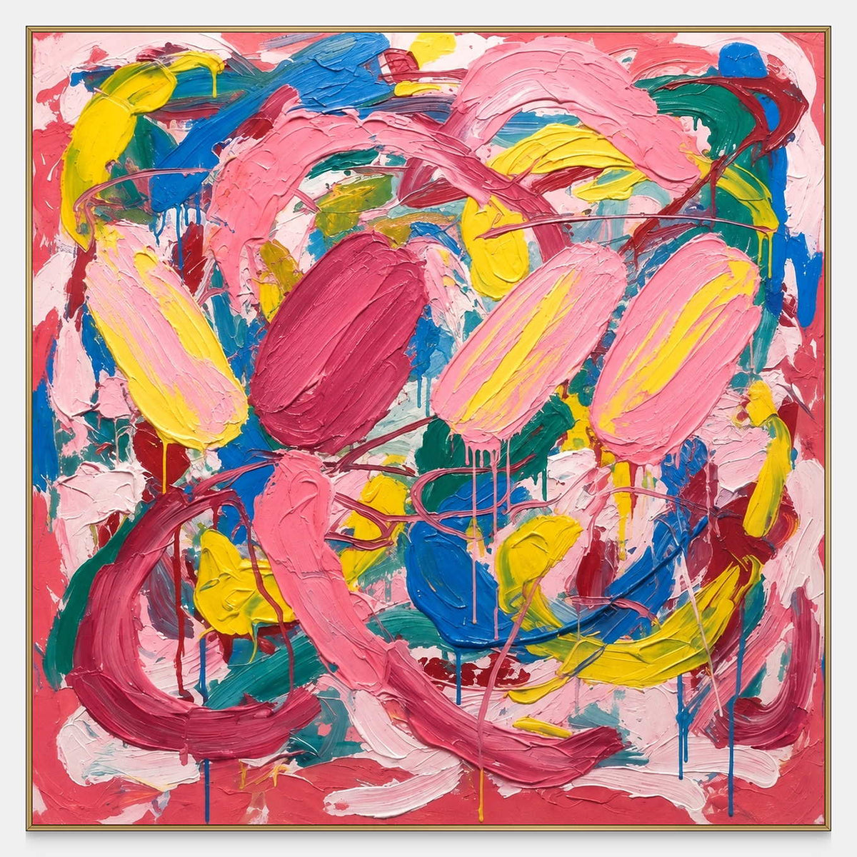 Front view of In Full Swing, a square abstract painting with sweeping pink and yellow impasto over blue, green and deep red.