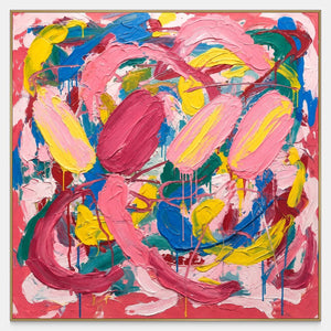 Front view of In Full Swing, a square abstract painting with sweeping pink and yellow impasto over blue, green and deep red.