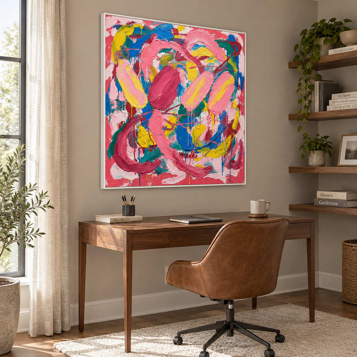 In Full Swing in a white frame above a wood desk and brown office chair beside open bookshelves.