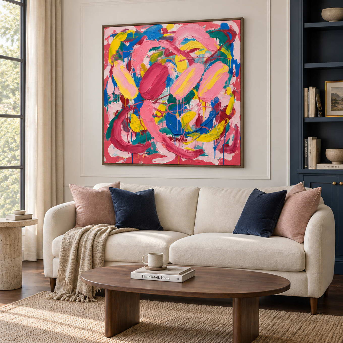 In Full Swing in a brown wood frame above a cream sofa with navy and blush cushions in a bright living room.