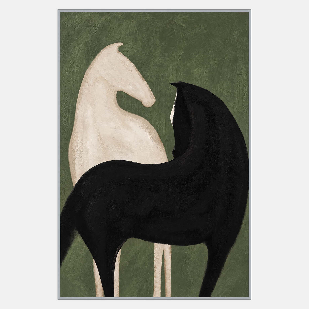 A stylized cream horse behind a larger black horse, their heads turned inward against a muted green background.